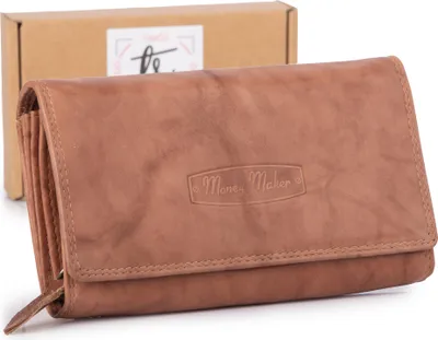 Produktbild von Money Maker Damen Echt Leder Portemonnaie großes Geldbörse Beige