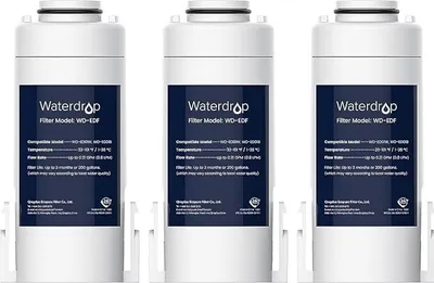 Three white water filter cartridges arranged side-by-side.
