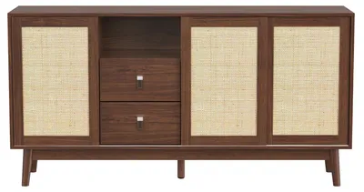 Produktbild von Modernes Sideboard - Wohnzimmer Kommode mit Schiebetüren - 155×38×80 cm - 3 Schiebetüren - 2 Schubladen - Rattanfront - Dunkles Holz