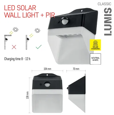 Productafbeelding van EMOS Lunis 2W, zwart-wit LED wandlamp op zonne-energie met bewegingssensor, IP65, model ZG151S