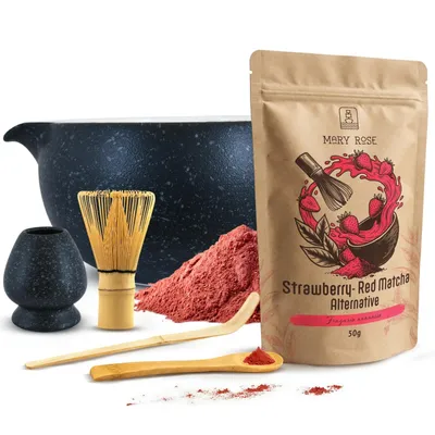 Produktbild von Mary Rose - Matcha Tee Set Red Erdbeere Pulver 50g - Keramik Matchawan Kurai 470ml Mit Ausguss - Chasen Besen Kusenaoshi Halter - Bambus