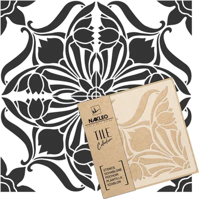 Produktbild von Tile Fliesen Schablone zum Malen 33x33 cm, Art Nouveau Deco Blume Geometrisch, Kunststoff Wiederverwendbare Bodenschablone DIY