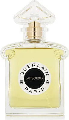 A clear, front-facing studio shot of a Guerlain Mitsouko perfume bottle.
