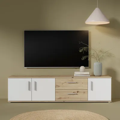 Produktbild von Forte IKOLI TV Schrank 180, modernes Lowboard mit 3 Türen und 2 Schubladen, Wohnzimmer, Holzwerkstoff, Weiß mit Artisan Eiche Holzdekor, 174,3 cm breit x 43,3 cm hoch x 41,3 cm tief