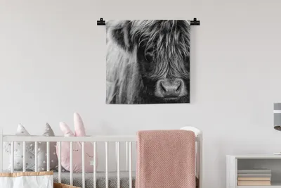 Produktbild von MuchoWow® Wandteppich Wandbehang Schottisches Hochlandrind - Porträt - Schwarz - Weiß 60x60 cm Tapisserie Dekoration Wandtuch - Dekorationen - Wand Decke