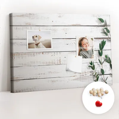 Obrázek produktu pro Korková nástěnka s kolíčky - Tabule s kolíky pro fotografie a poznámky - 60x40 cm - Připínáčky dřevěné 100 kusů - Dřevěné desky
