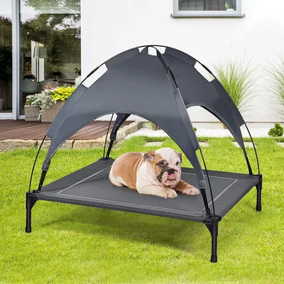 Produktbild von GOPLUS Hundeliege mit Dach, Erhöht Hundebett 90×81×86cm, Haustierbett mit Metallrahmen, Hundesofa 20kg belastbar, Katzenbett mit Sonnensegel, Indoor & Outdoor