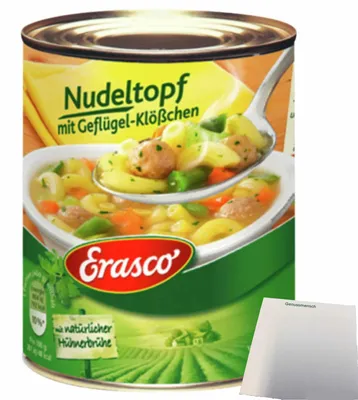 Produktbild von Erasco Nudeltopf mit Geflügelklößchen (800g Dose) + usy Block
