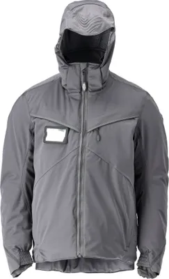 A studio shot of a gray winter jacket.