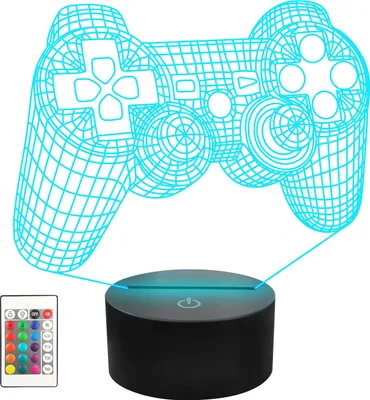 A 3D illusion lamp shaped like a game controller, with a remote control and a black base.