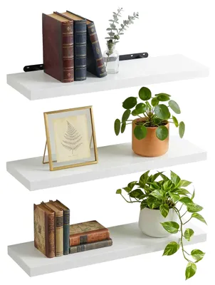 Produktbild von Relaxdays Wandregal, 3er Set, HxBxT: 4 x 80 x 23 cm, Holzoptik, Metall, Wandbretter für Wohnzimmer, Flur, Küche, weiß