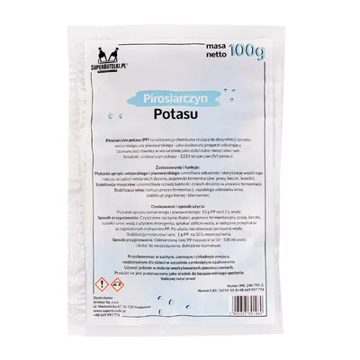 Zdjęcie produktu dla SuperButelki - Pirosiarczyn potasu 100 g do mycia butelek, stabilizacja wina moszczu, 0,1 kg do stabilizacji i dezynfekcji, środek konserwujący