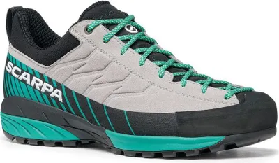 Scarpa Mescalito Wmn Approach Schuh in Grau und Türkis; geeignet für Damen; mit rutschfester Sohle.