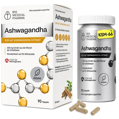 Produktbild von Ashwagandha KSM-66 Kapseln Hochdosiert – 600mg Wurzelextrakt (5% Withanolide) – 24 Klinische Studien – Vegan, Ohne Zusätze (90 Kapseln)