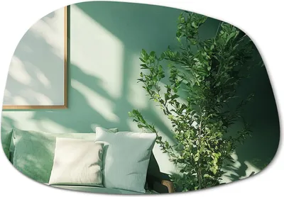 A living room scene with a couch, pillows, and a plant, with sunlight casting shadows on the wall.