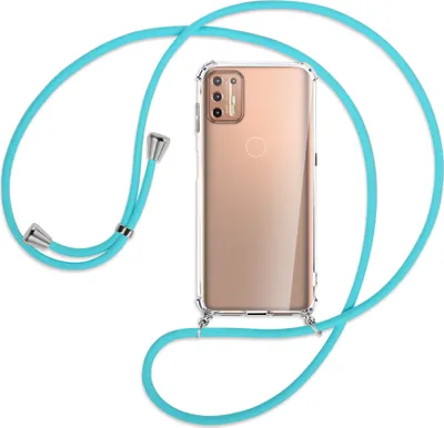 Produktbild von Handykette Backcover-Schutzhülle mit Band (Metall silberfarben) für Motorola Moto G9 Plus - türkis
