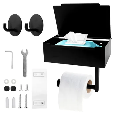 Produktbild von Toilettenpapierhalter ohne Bohren mit Feuchttücherbox aus Edelstahl (Schwarz)