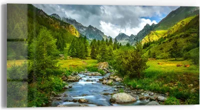 Produktbild von DEQORI Glasbild Echtglas 60x30 cm 'Idyllischer Bergfluss' Wandbild Bild modern Deko