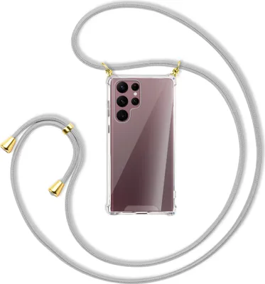 Produktbild von Handykette Backcover-Schutzhülle mit Band (Metall goldfarben) für Samsung Galaxy S22 Ultra 5G (S908) - silbergrau