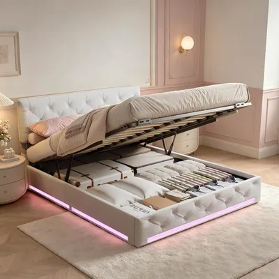Produktbild von INONEFT Polsterbett 160x200cm mit LED, Boxspringbetten Doppelbett mit Stauraum, Jugendbett mit Lattenrost, Hydraulisches Stauraumbett, Leinen，Off-weiß