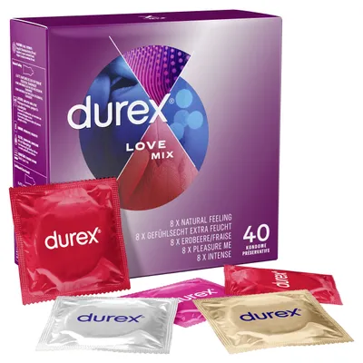 A box of Durex Love Mix condoms with several individual condom packets laid out in front of it.
