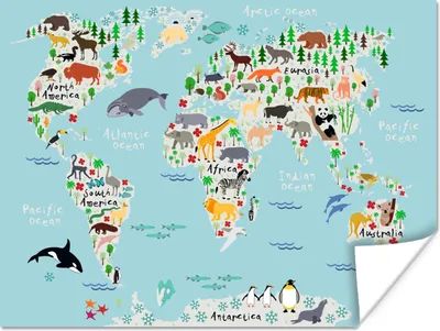 Produktbild von MuchoWow® Poster Welt - Karte - Kinder - Tiere - Blau - Jungen 120x90 cm - Wandbild