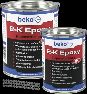 Produktbild von beko 2-K Epoxy Reparaturharz 1 kg betongrau inkl. Estrichklammern 6 x 70 mm, Beutel à 10 Stück 238 1 1000