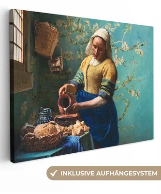 Produktbild von MuchoWow® - Leinwandbilder - Milchmädchen - Mandelblüte - Van Gogh - Vermeer - Gemälde - Alte Meister, Wandbild, Wanddeko Bilder Wohnzimmer, 120x90 cm