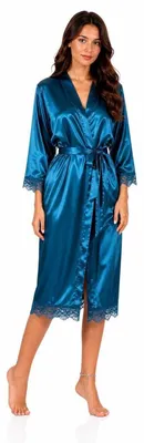 Produktbild von Damen Satin Morgenmantel lang mit Spitze – Kimono Bademantel aus 100 % Polyester, weich & glänzend Petrol S