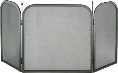 A three-panel fireplace screen is shown against a white background.