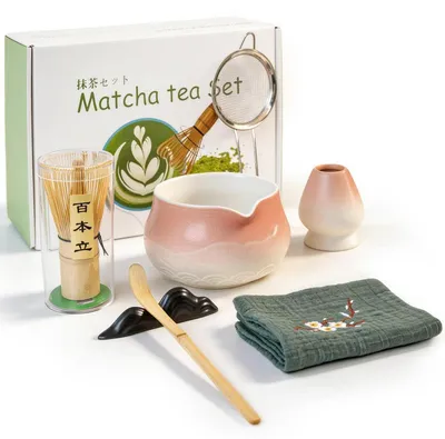 Produktbild von Matcha Set 7-teilig Rosa | Tee-Zeremonie Set mit Schale, Bambus-Chasen (100+ Spitzen), Halter, Löffel, Sieb & Tuch