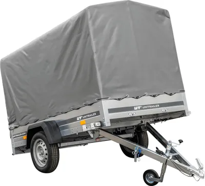 A grey covered trailer is shown against a white background.