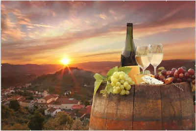 Produktbild von Wallario Wandbild Wein Romantik - Weißwein mit Käse auf einem Fass, Größe: 61 x 91,5 cm, Poster mit rahmenlosen Bildhalter