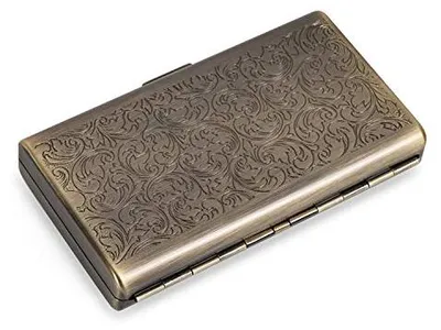 Produktbild von Zigarettenetui im Retro-Stil, aus Metall, doppelseitig, mit Federclip, für 14 Zigaretten à 100 mm, Kreditkartenhalter, sichere Geldbörse für Damen und Herren (Bronze)