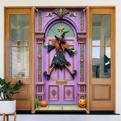 Imagen del producto de Guirnalda decorativa para puerta de Halloween con motivos de brujas y calabazas - 90x180 cm - Decoración de Halloween - Adorno de pared de poliéster - Decoración para fiestas - Solo cortina para puerta - Ideal para pasillos, porches y fondos para fotos