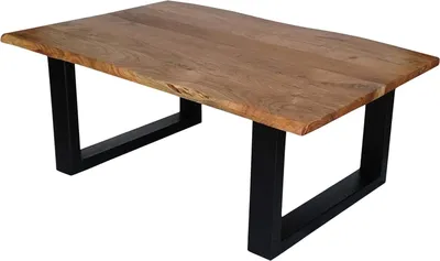 Produktbild von Couchtisch 100 x 70 cm Insa, echte Baumkante, Akazienholz naturfarben, massiver Sofatisch, U-Metallgestell Schwarz, 26mm Platte