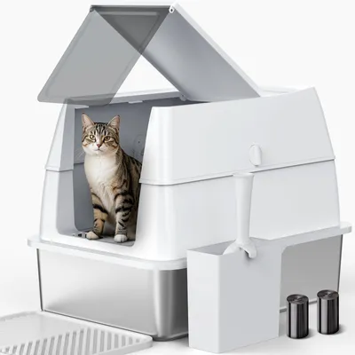 Image de Litière pour chat en acier inoxydable avec couvercle, taille XL, extra grande, idéale pour les chats de grande taille