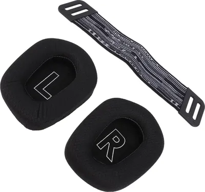 A set of black ear pads and a black headband strap for a gaming headset, laid out on a white background.