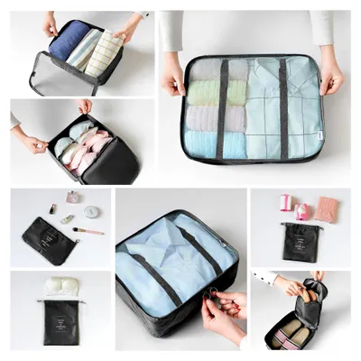 Produktbild von Koffer Organizer Set, Packing Cubes, Kleidertaschen, Schuhbeutel, Reiseorganizer, Packwürfel, Kosmetik, Packtaschen für Koffer (8-teilig, schwarz)