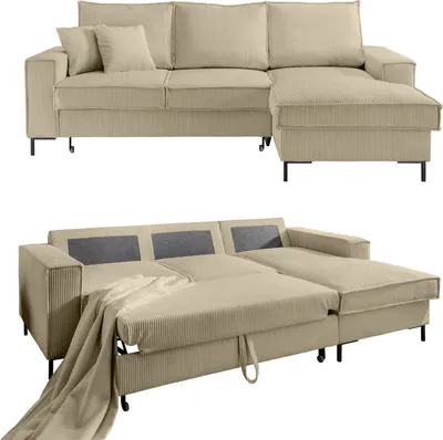 Produktbild von Ecksofa Récamiere Schlaffunktion Bettkasten Couch Polsterecke in Cord Beige Grau / 17220
