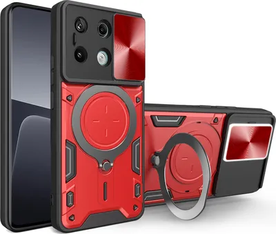 Produktbild von Handyhülle für Xiaomi Redmi Note 13 Pro 5G Dual-Layer Stoßfest Rüstung Hülle mit Dia Kameraschutz und Kreisförmig Ring Ständer Rot