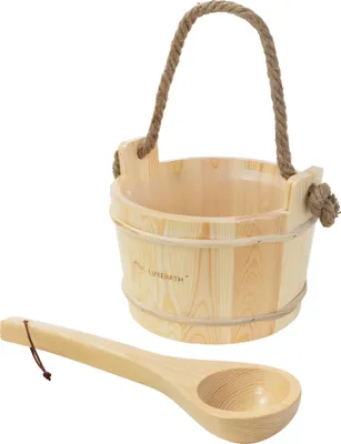 A wooden sauna bucket and ladle are displayed against a white background.