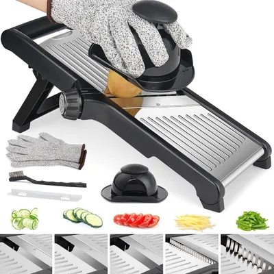 Produktbild von Gemüsehobel – 5-in-1 verstellbar mit Edelstahl-Klingen, rutschfester Basis, für Tomaten, Obst, Zwiebeln – inkl. Handschuhe, spülmaschinengeeignet