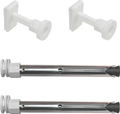 Two white plastic brackets and two silver metal brackets with white plastic ends are arranged against a white background.