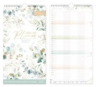 Produktbild von Familienplaner Blattgold, 5 Spalten, 22,5 × 42 cm, 12 Monate, mit Stickern