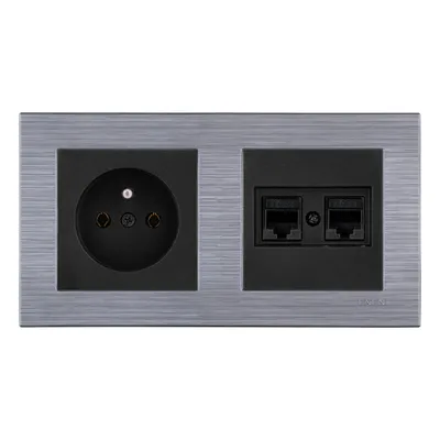 Image de Prise simple, noire + 2xRJ45 femelle, cat. 6, noire + double cadre COMFORT, acier, EXEN
