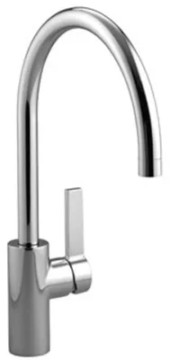 A studio shot of a chrome faucet on a white background.