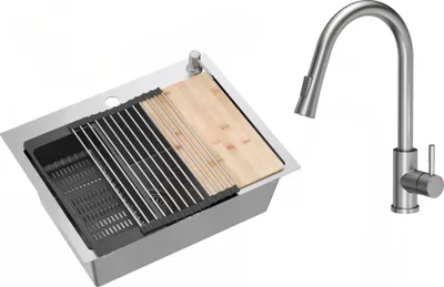 Obrázek produktu pro VBChome Nerezový dřez s baterií 58 x 45 cm Sada příslušenství z kartáčované nerezové oceli Dávkovač Krájecí deska Rolovací podložka Skládací odkapávací stojan Sifon