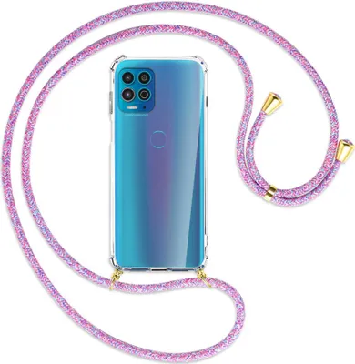 Produktbild von Handykette Backcover-Schutzhülle mit Band (Metall goldfarben) für Motorola Moto G100 - lila/rosa/blau