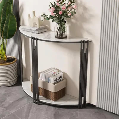 Produktbild von FATIVO Konsolentisch Weiß Flurtisch Marmor: Moderner Flurtisch mit schwarzem Metallgestell, Eingangstisch für Wohnzimmer & Schlafzimmer, 100×30×78 cm